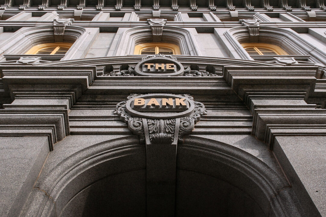 Facade of old bank building.