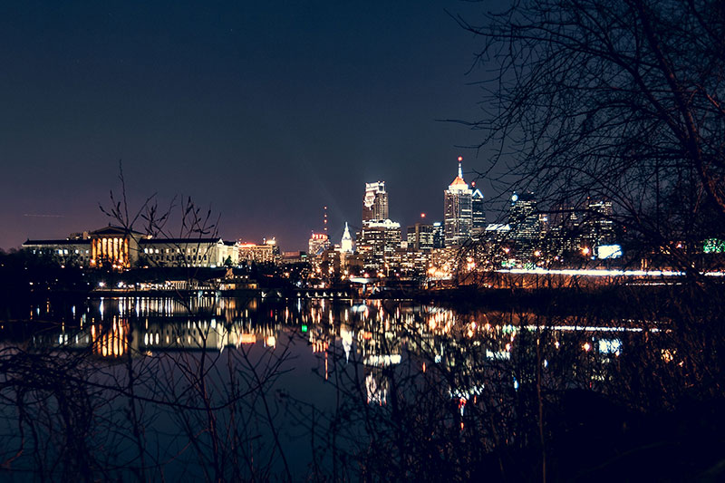 Philadelphia skyline at night.